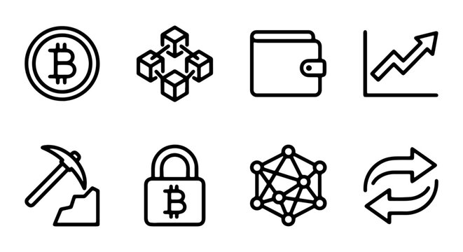 Set of cryptocurrency and blockchain technology line icons, including bitcoin, mining, wallet, exchange, security, and network symbols