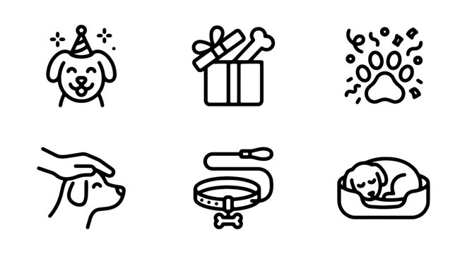 Set of dog icons including party dog, gift with bone, paw print with confetti, petting a dog, dog collar with leash and sleeping dog in a bed