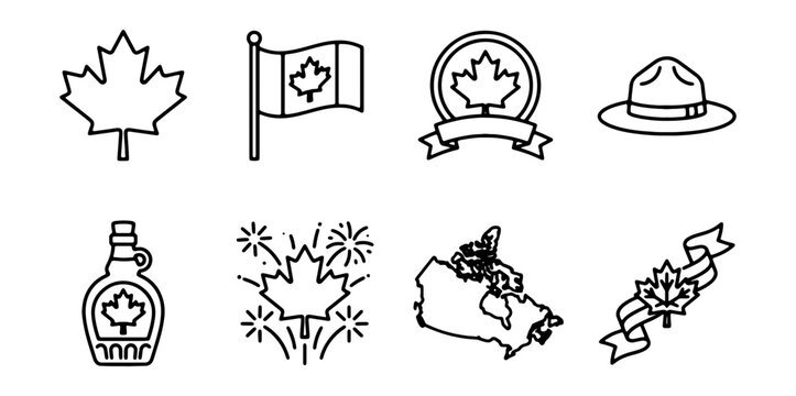 Set of canada icons, maple leaf, flag, mountie hat, maple syrup, fireworks, map and ribbon, vector illustration