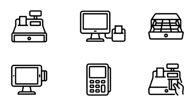 Set of point of sale and payment terminal icons, including cash register, computer, card reader, and tablet pos systems