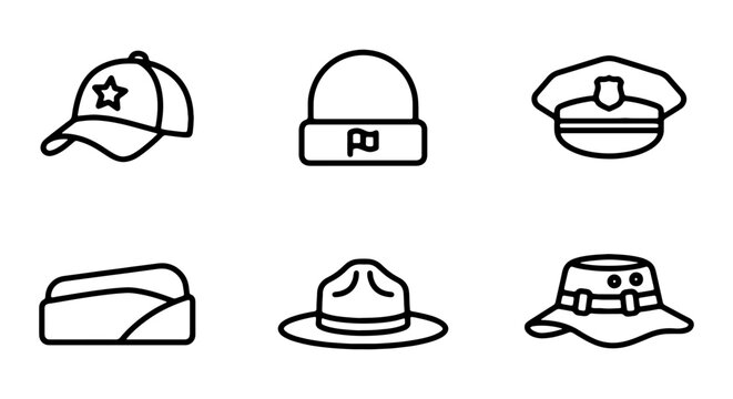 Set of various headwear icons, including baseball cap, beanie, police cap, garrison cap, campaign hat, and bucket hat, linear style vector illustration