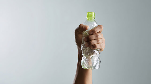 Human hand crush empty plastic water bottle, concept for environmental protection and recycle waste, light natural background still life image