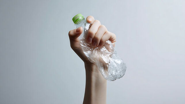 Human hand crush empty plastic water bottle, symbol for environmental pollution, reduce waste, recycle, or sustainability initiatives