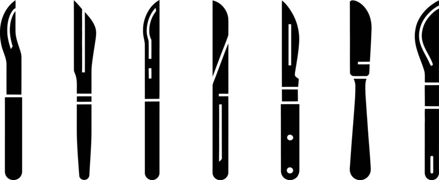 Set of surgical scalpel blades and medical knives for hospital surgery isolated on a transparent background black vector silhouette icons for doctor professional equipment.