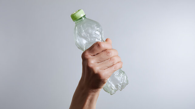 Human hand crush empty plastic bottle with green cap on light gray background, ready for recycle. Concept of environment care, pollution, reuse and waste