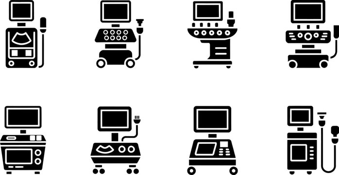 Ultrasound scanner machine vector icons set medical imaging diagnostic equipment for clinic sonography technology display monitor clinical radiology hospital tool.