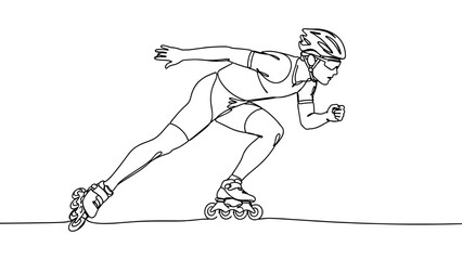 Fototapeta premium Minimal continuous line drawing of a roller skater in motion, perfect for fitness, speed, recreation, and active lifestyle concepts.