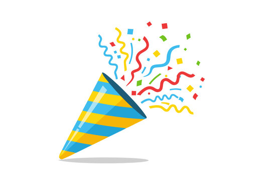Festive birthday party popper exploding with colorful confetti and streamers, vector illustration for celebration and fun events