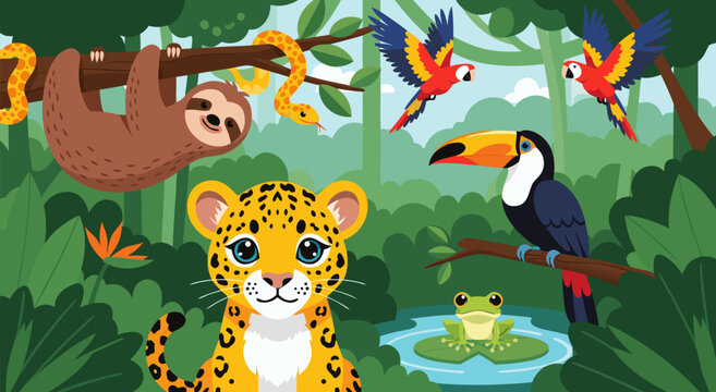 Vibrant Amazonian Rainforest Animals vector illustration featuring a jaguar, sloth, toucan, parrot, frog, and snake in a lush jungle setting