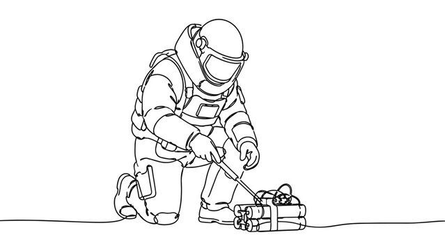 Minimal continuous line drawing of a bomb disposal defusing an explosive device, perfect for security, danger, emergency, and tactical concepts.