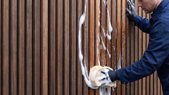 Cleaner scrubbing wooden wall panel with sponge. Professional janitor washing textured surface. Building maintenance service, hygiene and exterior facade care work.