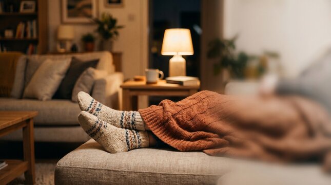 ソファでブランケットに包まれながらくつろぐ、温かみある夜のホームシーン。
落ち着いた室内色と浅い被写界深度が、穏やかなリラックス空間を演出します。
余白を活かしたミニマル構図で、暮らし系広告やウェルネス表現に最適。