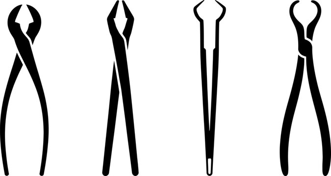 Various dental extraction forceps and dental elevators illustrated as black vector icons on a transparent background.