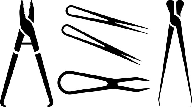 Assorted medical and surgical tools depicted as black silhouettes on transparent background including forceps scissors and tweezers.