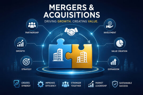 Mergers and Acquisitions Business Strategy Infographic With Partnership and Growth Concepts