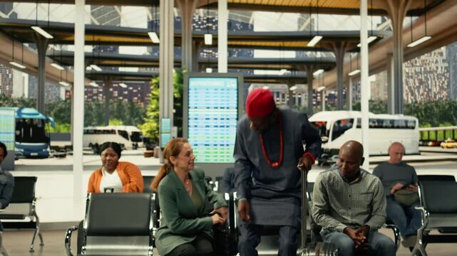 Multicultural group of passengers colliding and hurrying in bus stop and terminal waiting area. Dynamic life in motion scene featuring luggage and long-haul travel stress, urban station flow.