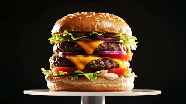 double cheeseburger stacked with fresh vegetables and melted cheese on pedestal dark background