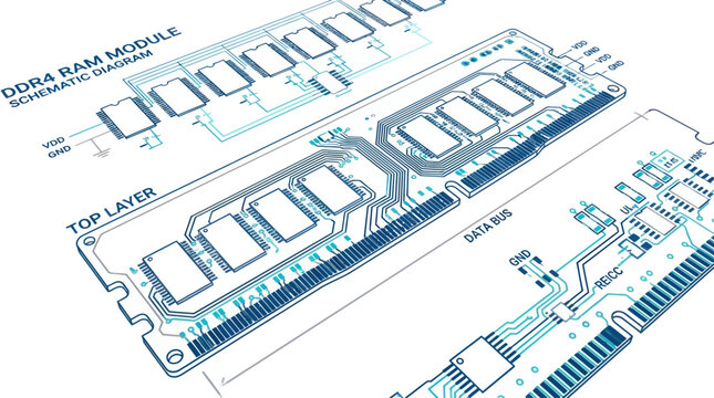 DDR4 RAM Module Schematic Diagram Blueprint, Computer Memory Technology