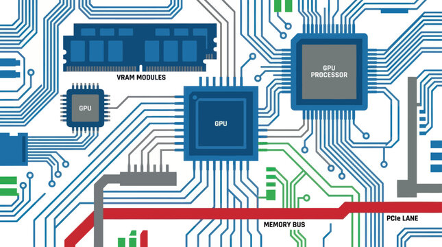 Abstract electronic circuit board with CPU, GPU, RAM modules, and connections