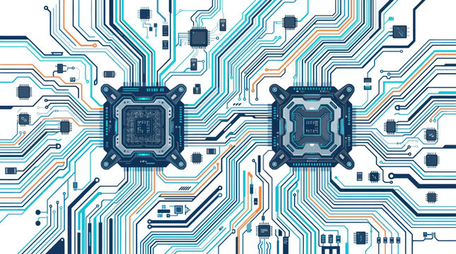 Futuristic circuit board with two central processors, digital technology, abstract background