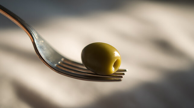 Single Green Olive Impaled on a Silverware Fork with Soft Natural Light and Shaded Background, Close Up, Mediterranean Snack Concept