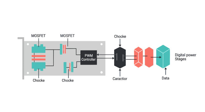 Digital Power Stage Circuit Diagram: MOSFET, Choke, PWM Controller, Data