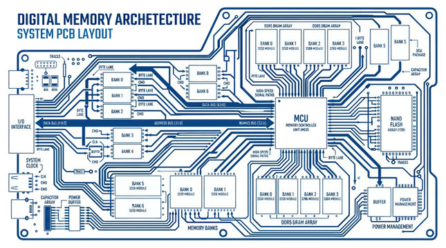 Digital Memory Architecture System PCB Layout - Blue Circuit Board Design