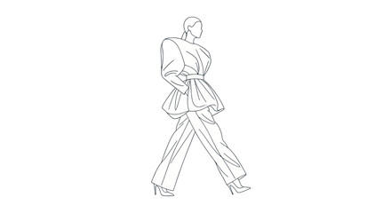 Obraz premium Fashion sketch of a model walking, 80s style, clean lines, black and white illustration