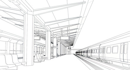 Fototapeta premium Modern Train Station Platform Sketch, Architectural Blueprint Style, Transportation Hub