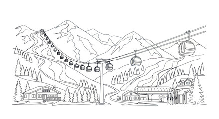 Mountain ski resort with cable cars, ski slopes, chalets and pine trees, line art. © adlian