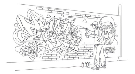 Obraz premium Graffiti Artist Spray Painting Large Mural on Brick Wall - Line Art Illustration