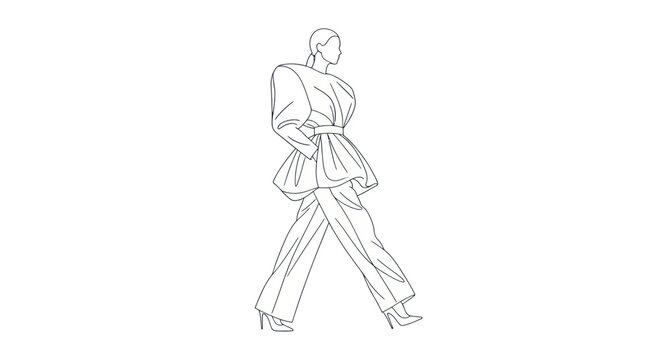 Fashion sketch of a model walking, 80s style, clean lines, black and white illustration
