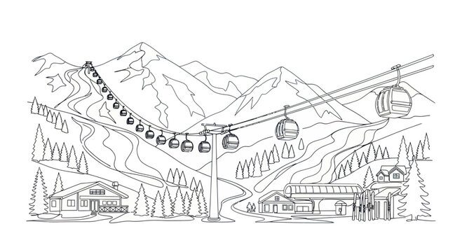 Mountain ski resort with cable cars, ski slopes, chalets and pine trees, line art.