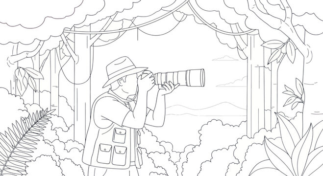 Safari explorer with camera in jungle, looking through binoculars, adventure, discovery