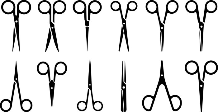 Set of medical surgical scissors silhouettes collection for hospital tools used in surgery procedures isolated on transparent background professional equipment vector.