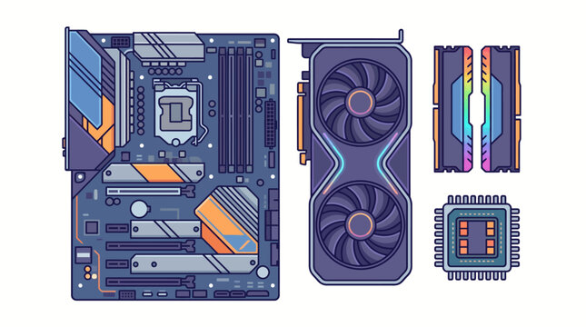 Stylized vector illustration of essential computer hardware components including a detailed motherboard, powerful graphics card, CPU, and RAM modules, perfect for technology and PC building concepts