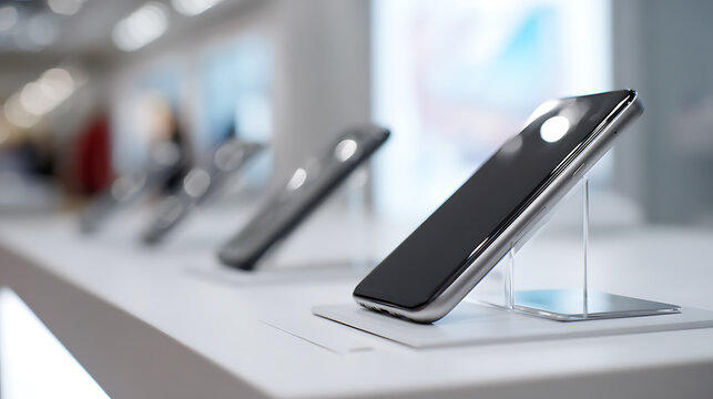 Modern smartphone on display in a brightly lit retail store, showcasing sleek design and advanced technology for consumer electronics marketing