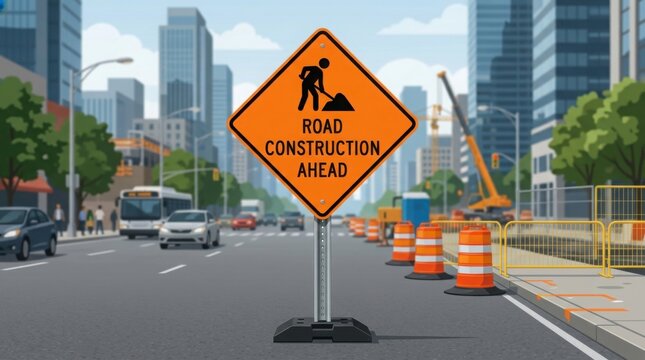 Road construction warning sign on highway with cityscape background