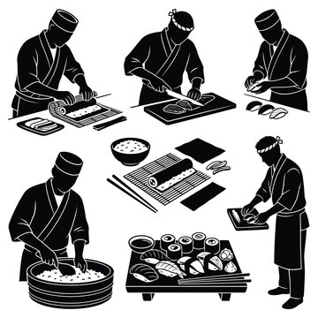 Vector illustration of set of sushi chefs preparing and serving traditional japanese food