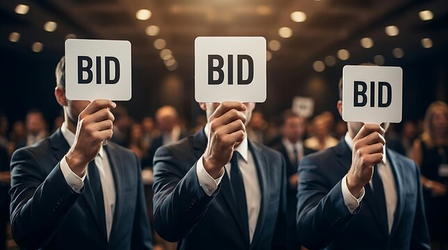 Group of businessmen in suits holding up bid paddles at a public auction representing corporate competition and investment buying.