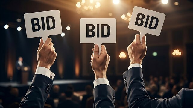 Close up of business people raising bid paddles during a competitive auction event symbolizing financial offers and market trade.