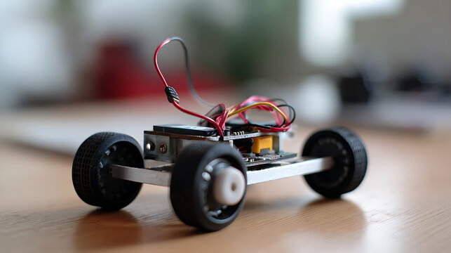 A small, self-assembled robotic car on a wooden surface, showcasing DIY robotics, electronics, and engineering for educational or hobby projects