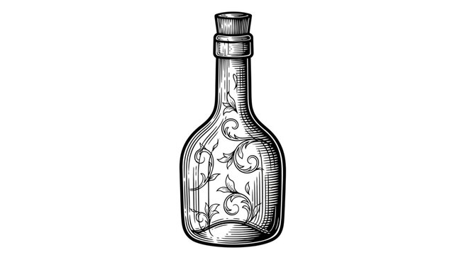 Vintage Ornate Glass Bottle with Stopper, Hand-Drawn Sketch Illustration in Antique Engraving Style