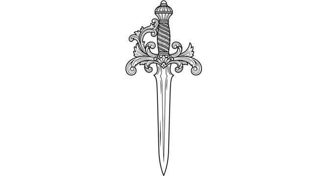 Ornate vintage dagger illustration. Detailed fantasy weapon with intricate hilt and blade. Medieval style vector art design element.