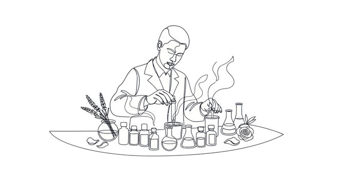Scientist creating perfume in laboratory with plants and bottles