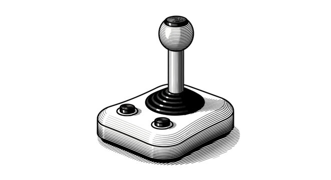Retro video game joystick controller in grayscale for arcade gaming and nostalgic entertainment. Classic input device icon.
