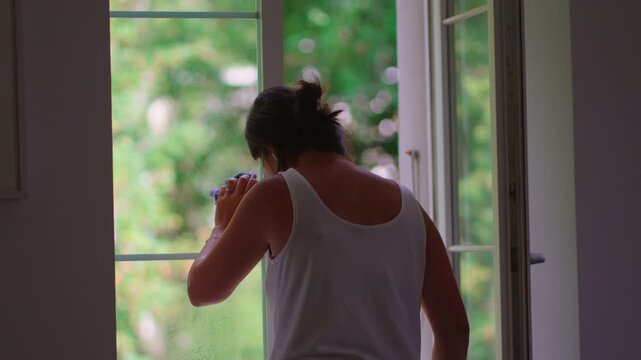 Woman wiping window glass while holding frame cleaning surface carefully concept of household maintenance hygiene and everyday domestic routine