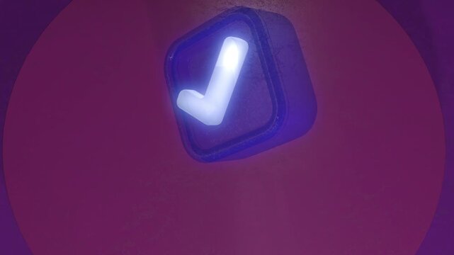 Glowing checkmark icon bouncing in 3d animation
