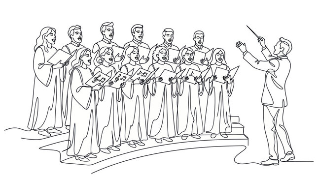 Choir performance with conductor leading singers on risers, black and white illustration
