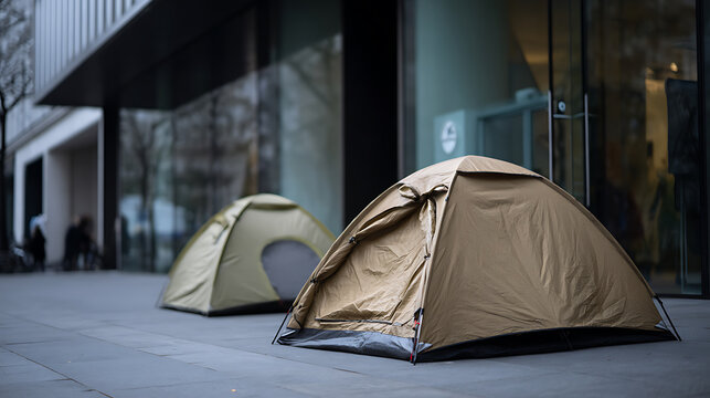 Two temporary shelters on urban sidewalk before modern building facade, symbolizing displacement, housing crisis, and social challenges in a city setting
